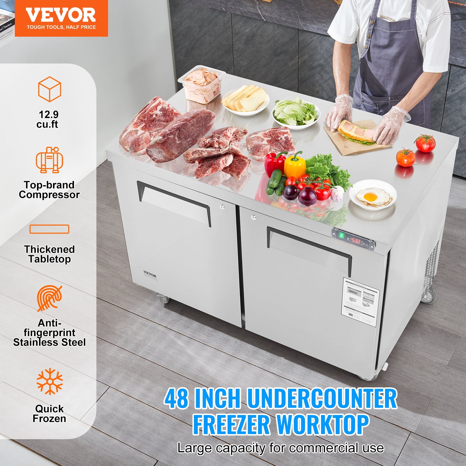 VEVOR 48" Commercial Frozen Refrigerator Sandwich & Salad Prep Table, 12.9 Cu. Ft Stainless Steel Refrigerated Food Prep Station with 2 Doors, Frost Free Refrigerator