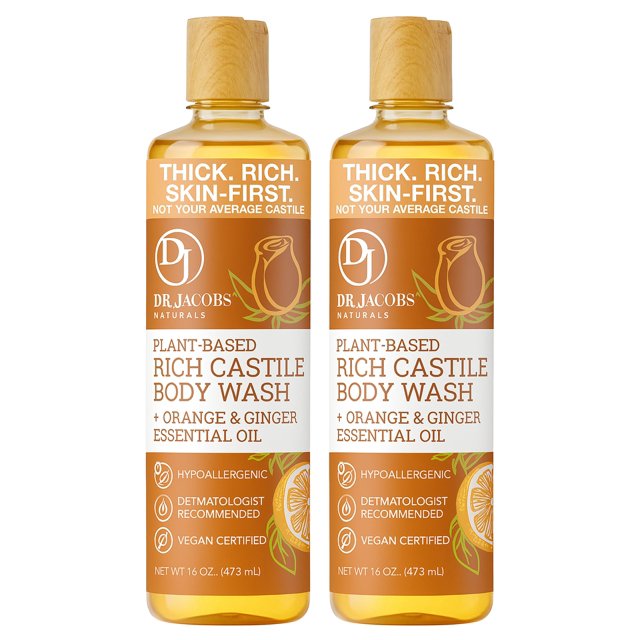 Dr. Jacobs Naturals Pure Castile Soap Liquid Body Wash Naranja y Jengibre - Jabón natural impregnado con vitamina E y aloe vera para hidratar la piel seca y sensible - Hecho en los EE. UU. - 16 oz P
