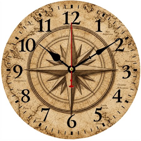 9.84 Inch Vintage World Map Compass Wall Clock, Battery Operated Analog Nautical Clock, Rustic Wall Decor for Living Room, Office, Study