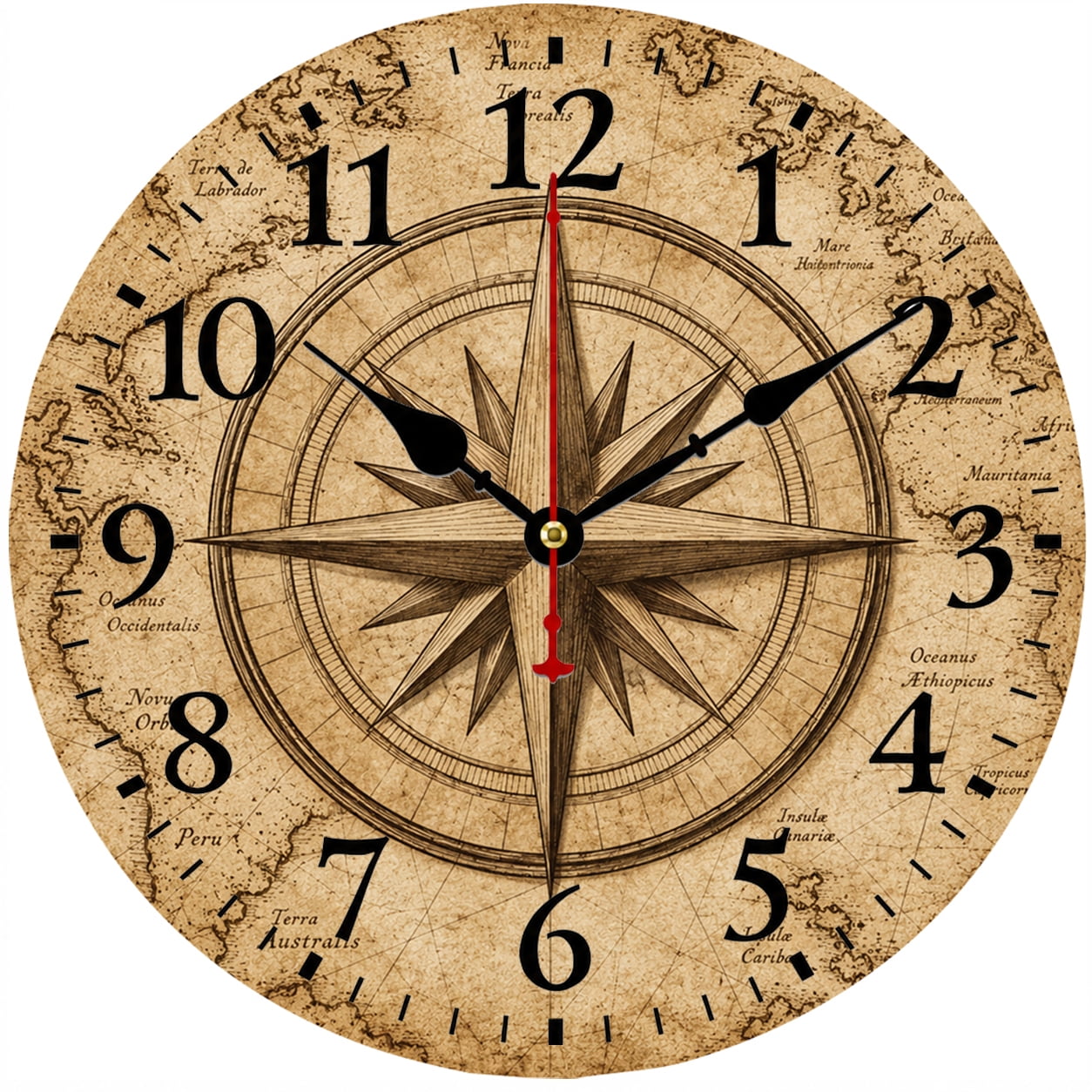9.84 Inch Vintage World Map Compass Wall Clock, Battery Operated Analog Nautical Clock, Rustic Wall Decor for Living Room, Office, Study