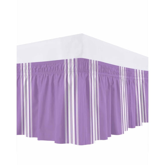 Farmhouse Purple Bed Skirt Queen Size 18 Inch Drop, White Stripe Wrap Around Dust Ruffle Bedskirts, Wrinkle & Fade Resistant Easy Fit Bedskirt with Adjustable Elastic