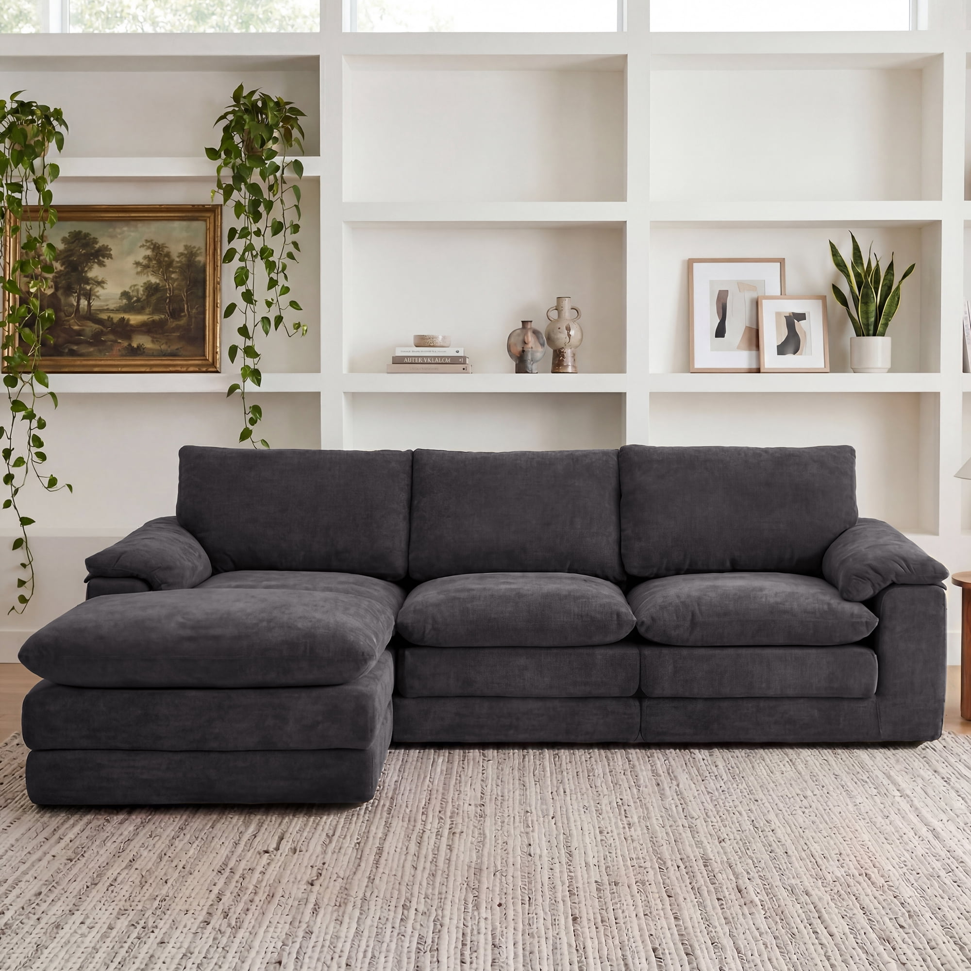 U Shape Cloud Sectional Sofa 100.4 Inch, Modular Couch with Movable Ottoman for Living Room Apartment, Black