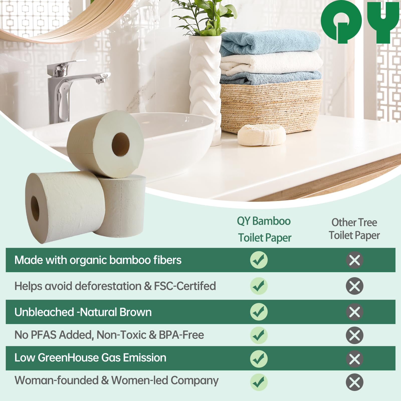 QingYa Premium Bamboo Toilet Paper, 3 Ply Toilets Paper, Unbleached and Absorbent, Bathroom Tissue Rolls, 12 Mega Rolls, 300 Sheets per Roll