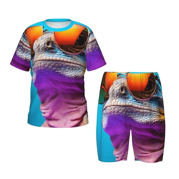 Fotbe Lizard With Sunglasses Colorful Pijama Estampada de 2 Piezas para Niños – Ropa de Dormir de Manga Corta Cómoda para Niños y Niñas, Camiseta y Shorts de Algodón-3X-Large