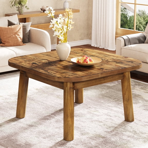 Finmind Solid Wood Square Coffee Table, 31.5-Inch Farmhouse Center Table with Rounded Corners, for Living Room, Office, Apartment, Small Places, Easy Assembly, Rustic Brown