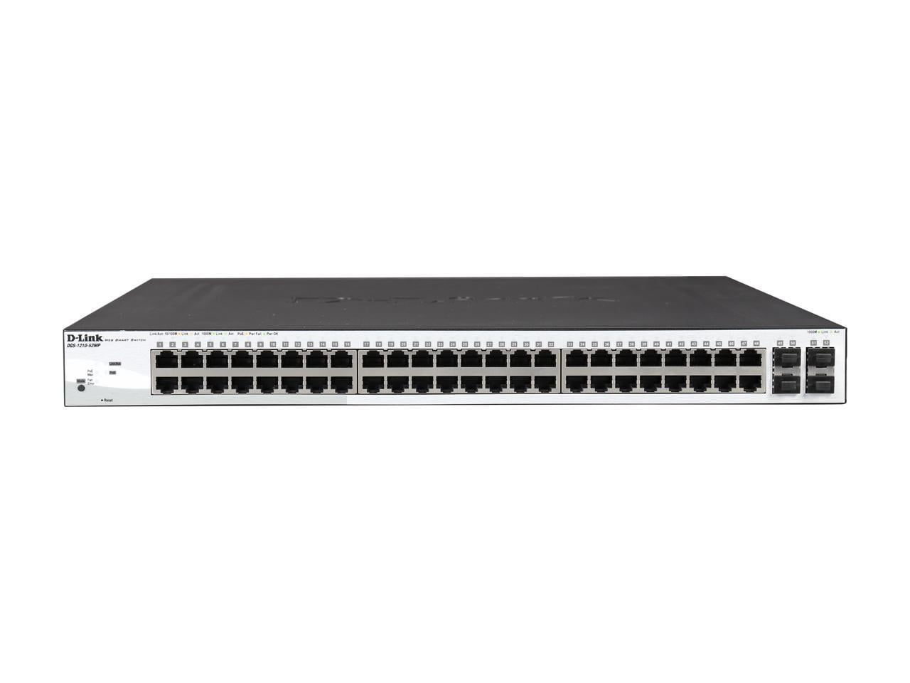 D-Link DGS-1210-52MP Ethernet Switch - 52 Ports - Manageable - Gigabit Ethernet - 10/100/1000Base-T, 1000Base-X - 2 Layer Supported - 4 SFP Slots - Twisted Pair, Optical Fiber - 1U High - Desktop,