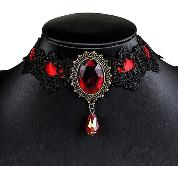 Jinsinto Red Lace Choker Gothic Necklace Bohemia Lace Gothic Choker Necklace Women Vintage Black Red Blue Crystal Necklaces(red)