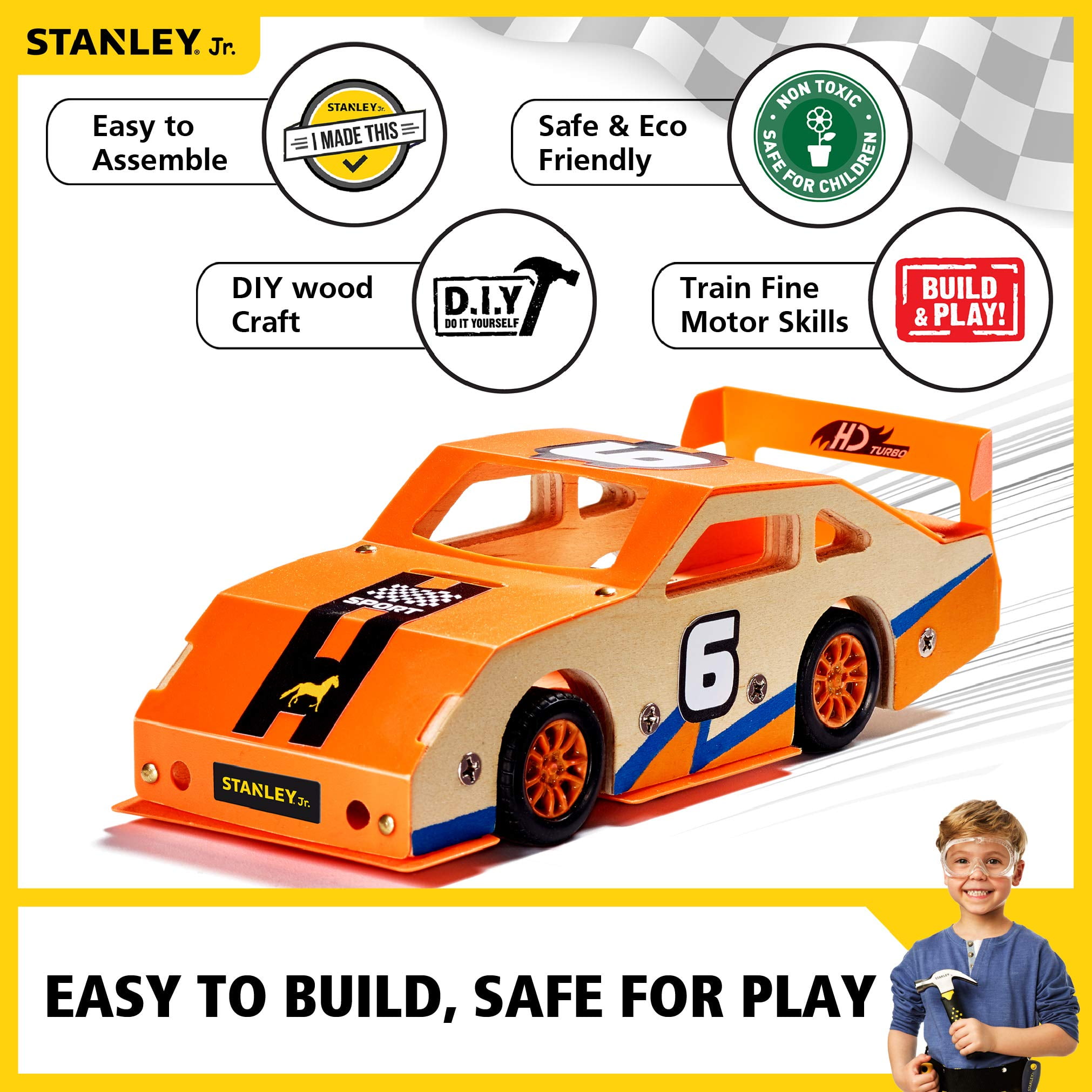 STANLEY Jr. Custom Orange Race Car - DIY Woodworking Model Kits for Kids - Easy to Assemble Race Car Building Set - Wood Race car Kit - Wooden Crafts - Paint & Decals Included