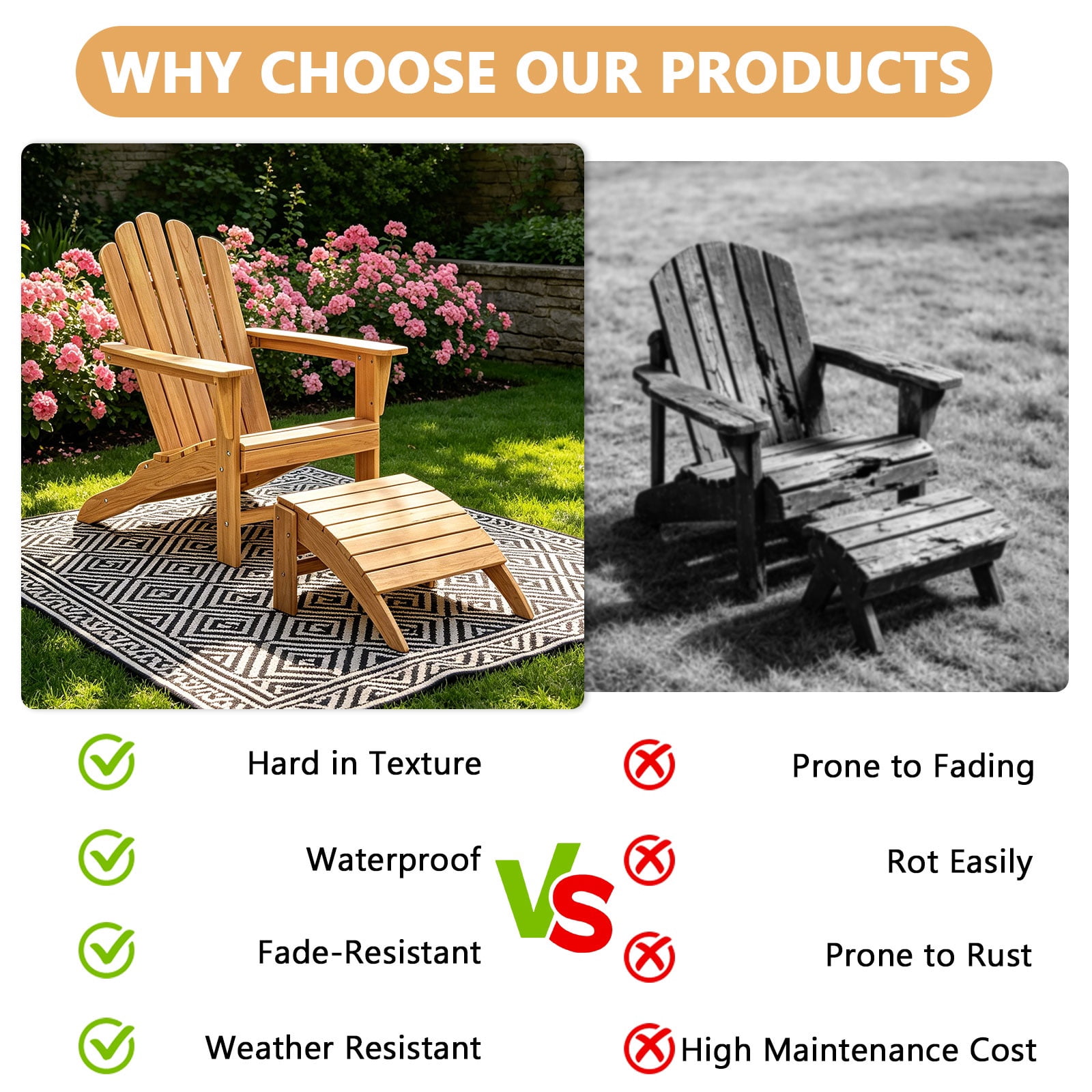 Outdoor Wooden Adirondack Chair with Footrest, Teak Leisure Line Adirondack Chair All Weather Fire Pit Chair Suitable for Patio Lawn Gardens Terraces Poolside