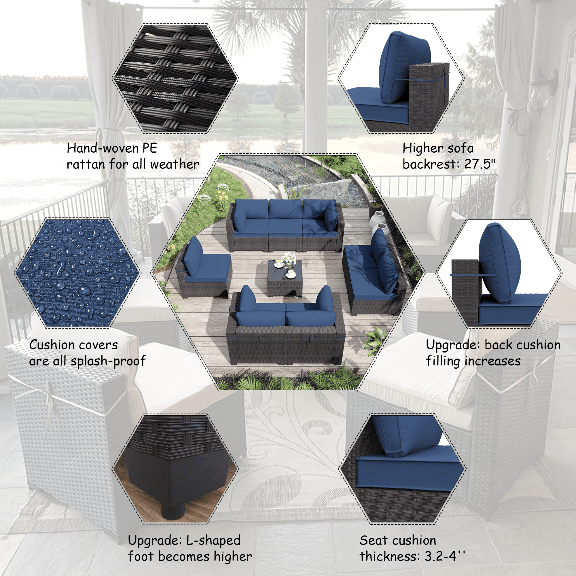 ALAULM 7-Piece Handmade Rattan Outdoor Conversation Sets with 6 Rattan Sofas and 1 Coffee Table, Brown/Blue