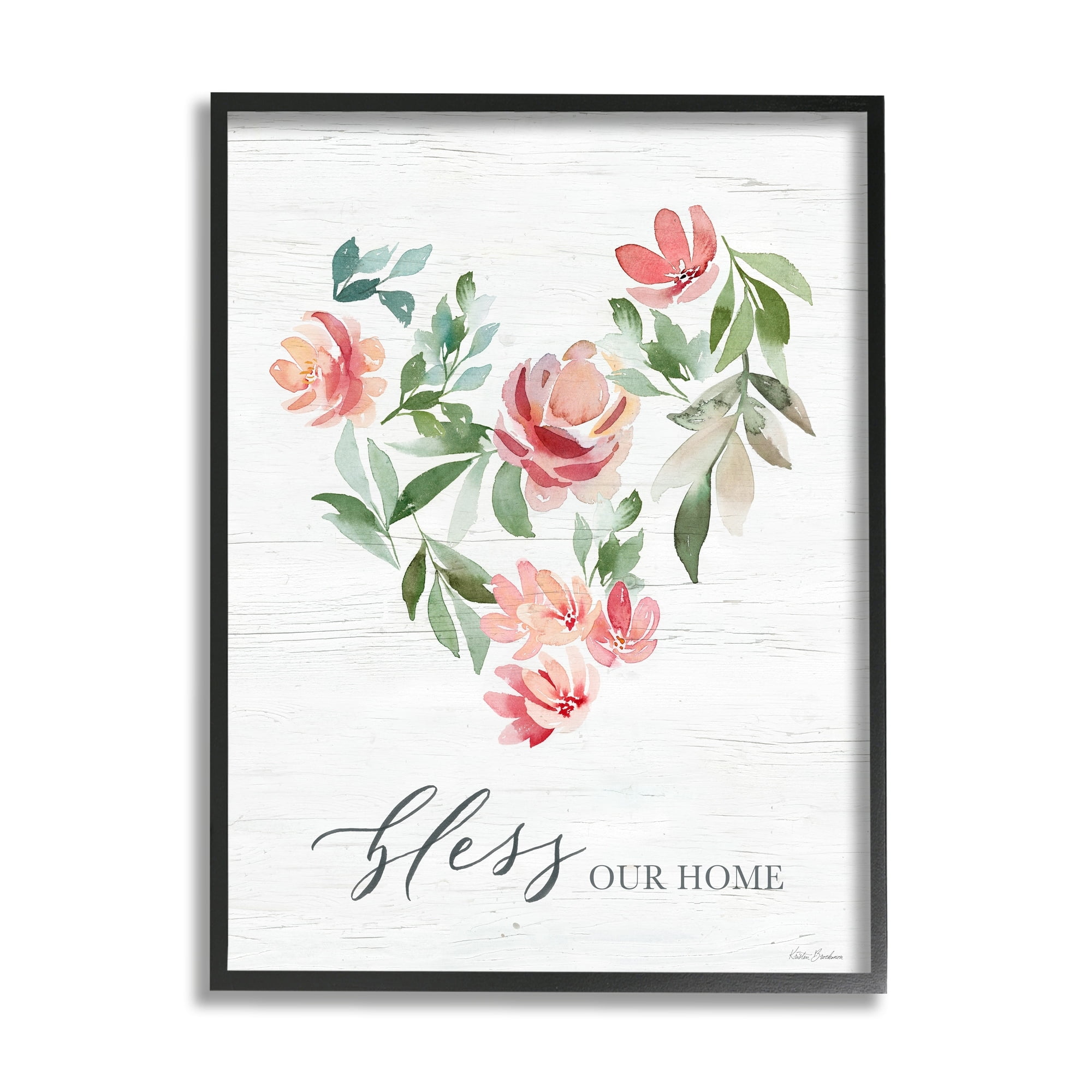 Stupell Industries Bless Our Home Grainy Pattern Floral Heart Shape Graphic Art Gray Framed Art Print Wall Art, Design by Kristen Brockmon