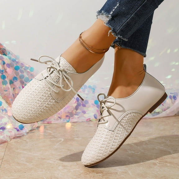 Viluyesy Womens Faux Leather Flats, Lace Up Soft Sole Comfortable Casual Walking Work Office Shoes White US6.5