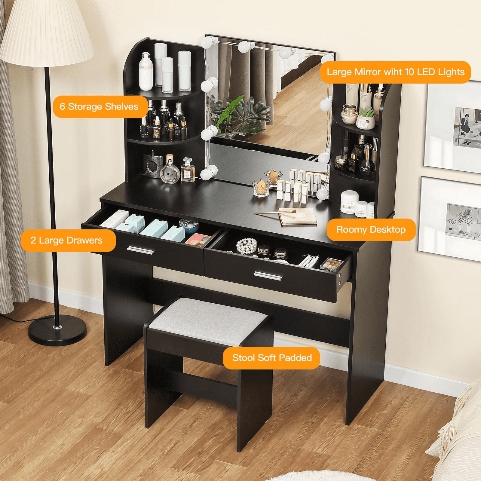 USIKEY Large Vanity Set with 10 Light Bulbs Cushioned Stool