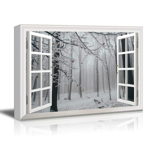 wall26 - Modern White Window Looking Out Into a Snowed in Tree Forest - Canvas Art Home Art - 24x36 inches