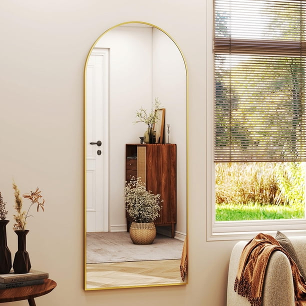 BEAUTYPEAK Miroir Pleine Longueur Arqué 59x16 Pouces Miroir sur Pied pour Appuyer Ou Poser, Or