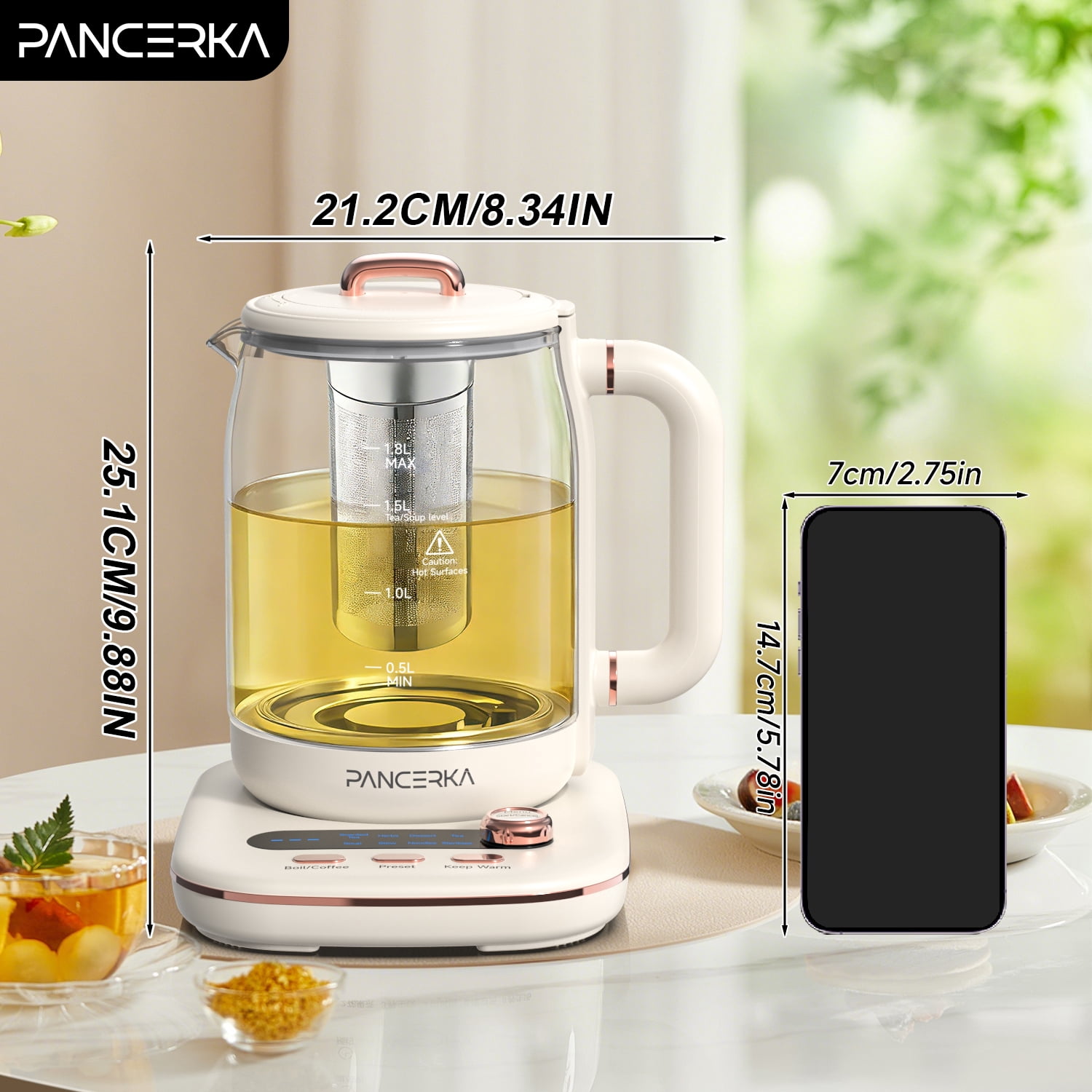 PANCERKA Health Pot, 1.8L/60.87Oz Electric Immersion Kettle, Electric Kettle Tea Maker With Infuser, Multifunctional Health Kettle, Reinforced Glass Kettle, Detachable Filter, Versatile Kettle, Glass