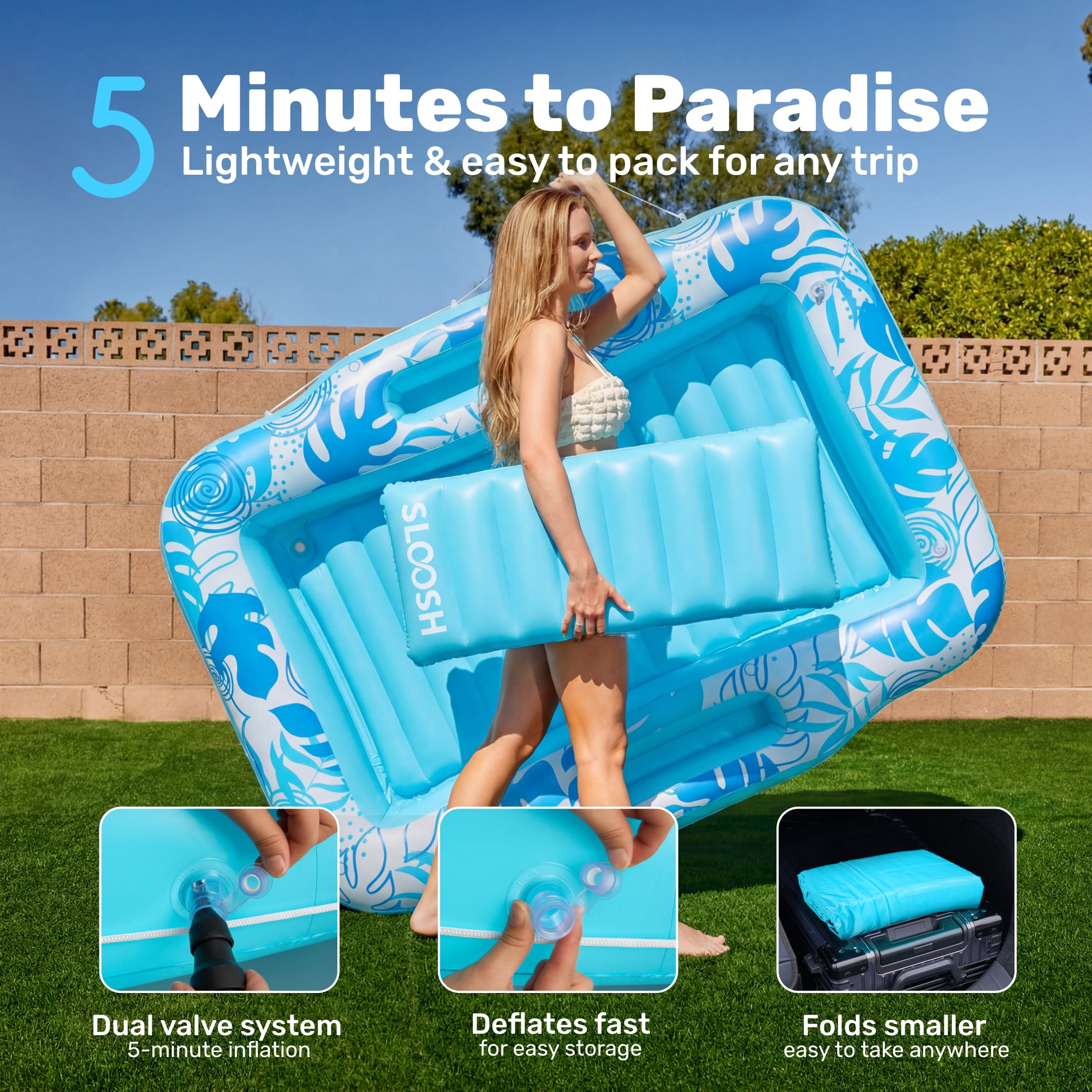SLOOSH Inflatable Tanning Pool Lounger Float with Cooler, 70" x 46" Large Suntan Sun Tan tub for Adults, Tanning chair, Bed Blow up, Raft Lounge Floatie
