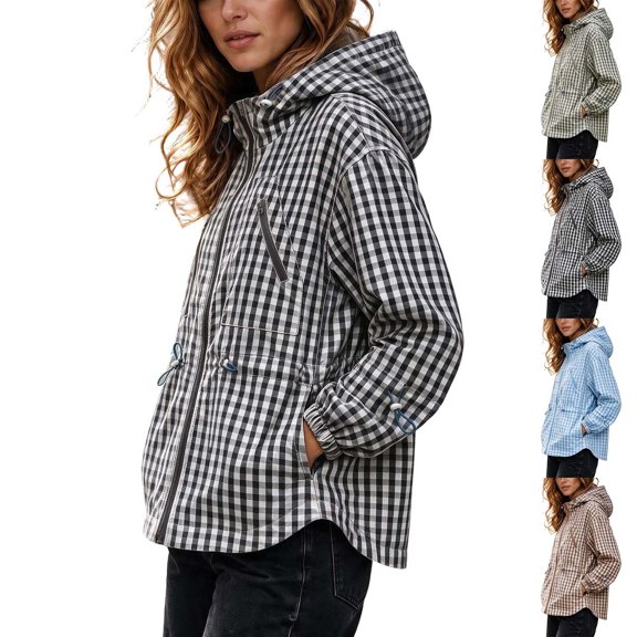 Josdec Women's Plaid Hooded Windbreaker Jacket, Full Zip Adjustable Waist Drawstring Elastic Cuffs Casual Outerwear, S-XXL