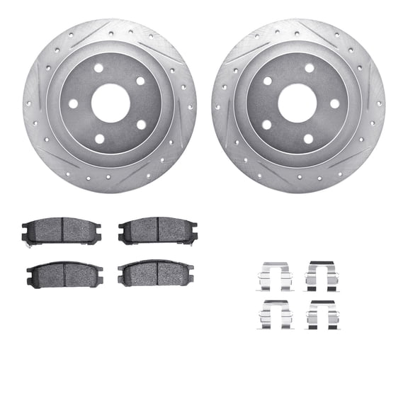 Dynamic Friction Company Rear Brake Rotors-Drilled and Slotted-Silver with 5000 Advanced Brake Pads includes Hardware 7512-13013