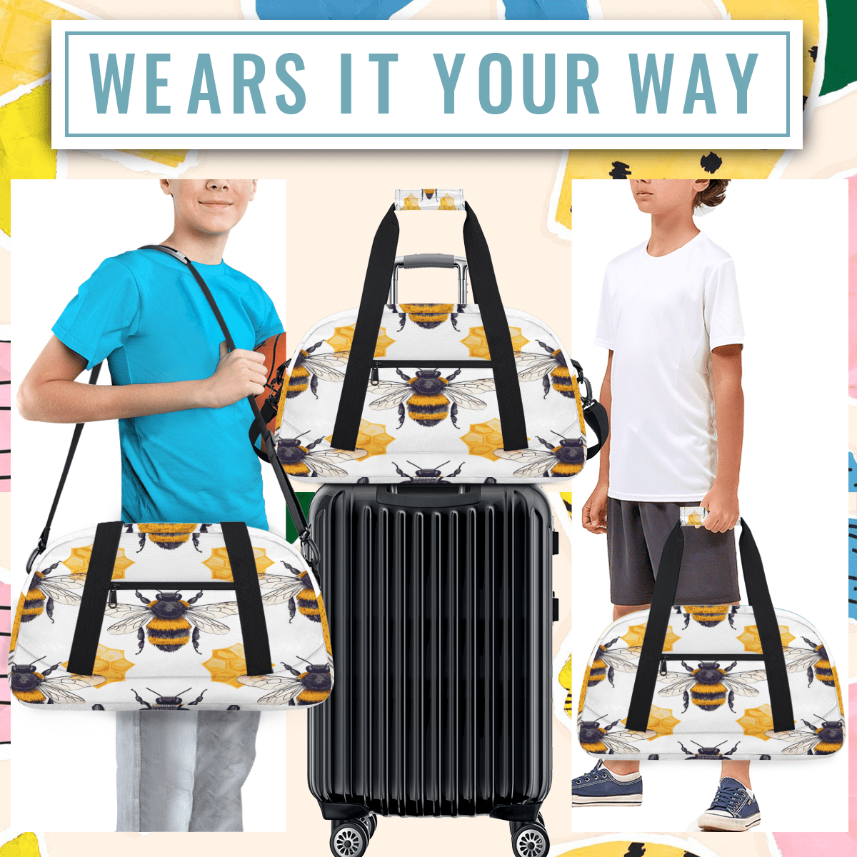 Herdesigns Honey Bee Sports Duffle Bag for Women & Men, Honeycomb Bee Gym Bag Dance Bag Overnight Bag Carry On Weekender Travel Bag
