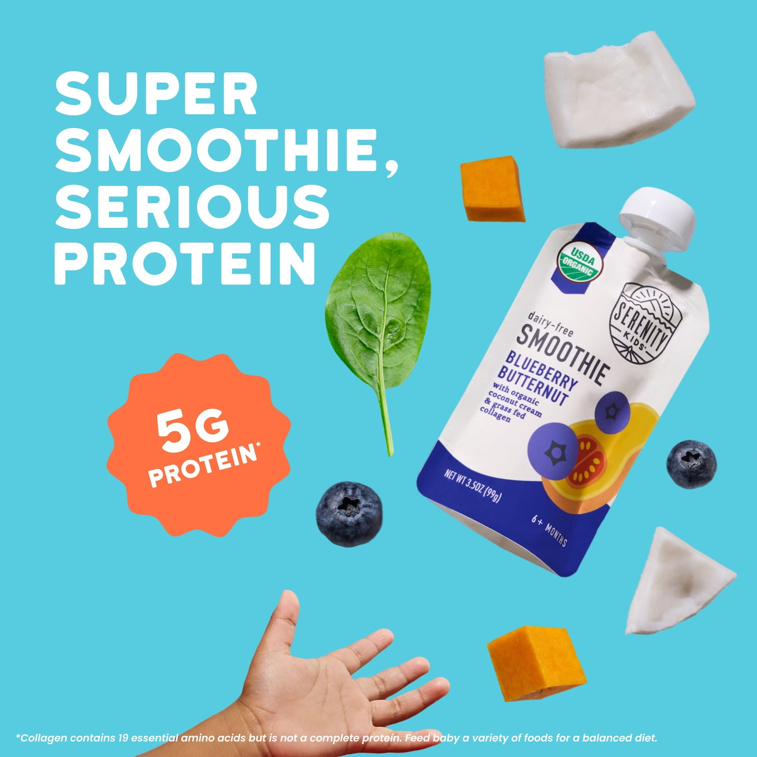 Serenity Kids Dairy Free Blueberry Butternut Smoothie with Organic Coconut Cream and Grass Fed Collagen, 3.5oz Pouch