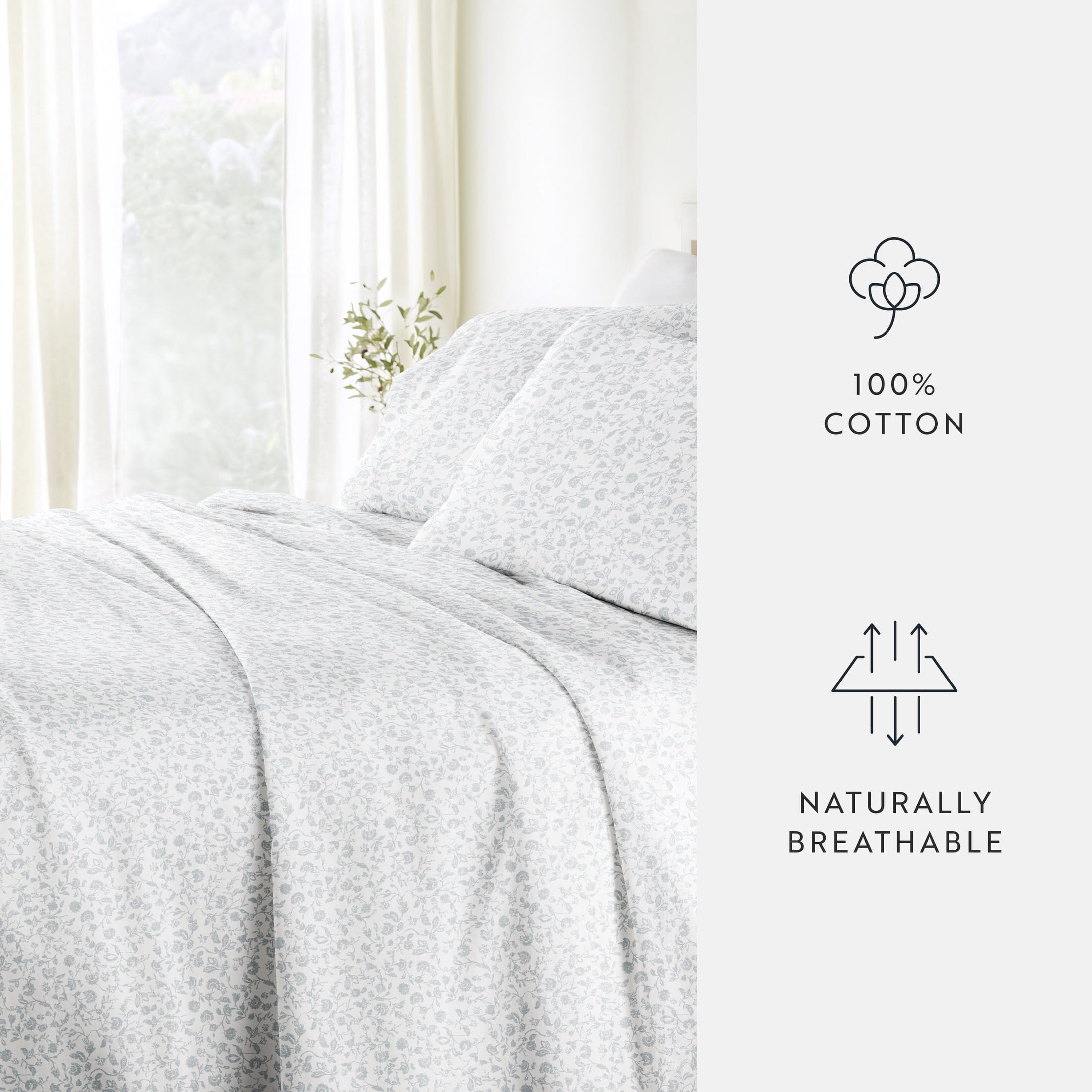 Noble Linens 4 Piece 300TC Cotton Printed Sheets, Rustic Jacobean Light Blue, Queen