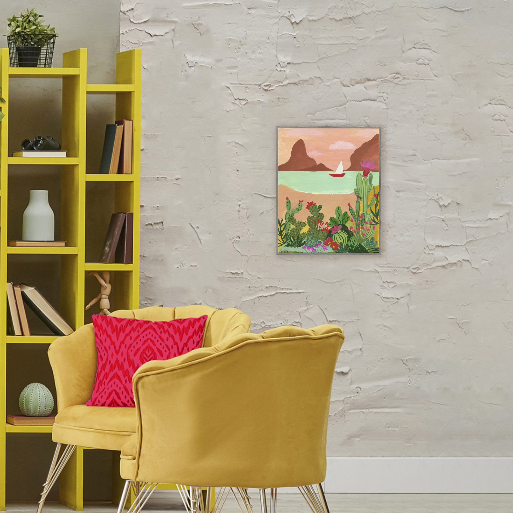 Desert Oasis Boat Gray Framed Giclee Art, design by Nabeela Rumi
