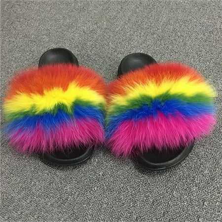 

Ameiqe Luxury Large Fluffy PU Leather Grass Women Slippers Shoes Non-slip Flat Slides Sandal(Colorful 03 280mm)