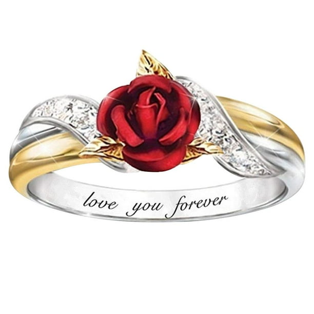 Anillo De Rosa 3D Anillo Con Incrustaciones De Diamantes Anillo De Dos Tonos Anillo De Flor De Rosa Para Mujer Anillo De Compromiso Joyería De Fiesta De Compromiso De Boda Minnieouse AP006877-01