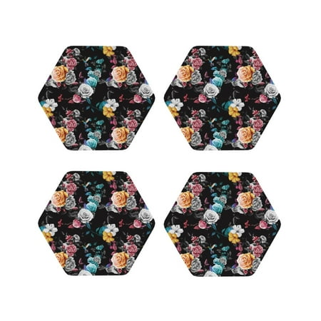 

Fuzoiu Hibiscus Rose Print Leather Coasters Set Drink Coasters Set of 4 for Tabletop Protection Durable PVC Coasters Home Décor and Housewarming Gift-Hexagon