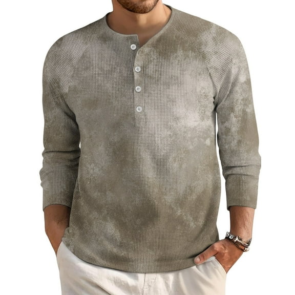 Homozy Men's Henley T Shirts Button Crewneck Long Sleeve Tshirts Tie Dye Printed Baseball Jerseys Tee Tops Khaki 3XL