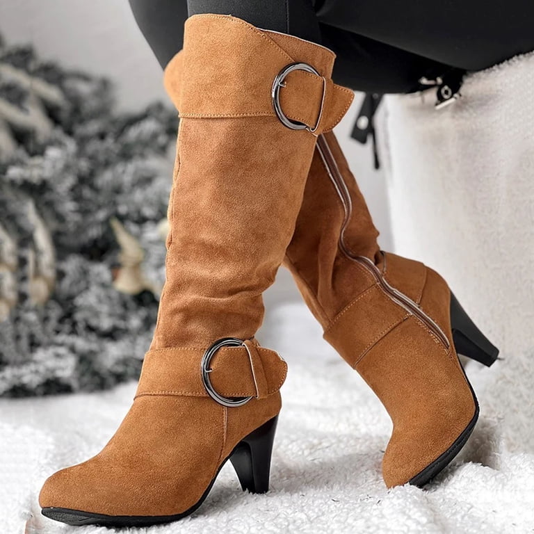 Oyedens Wide Calf Knee High Boots for Women Fashion Slouchy Buckle Suede Kitten Heel Mid Calf Dress Booties, Women's, Size: 8.5, Brown