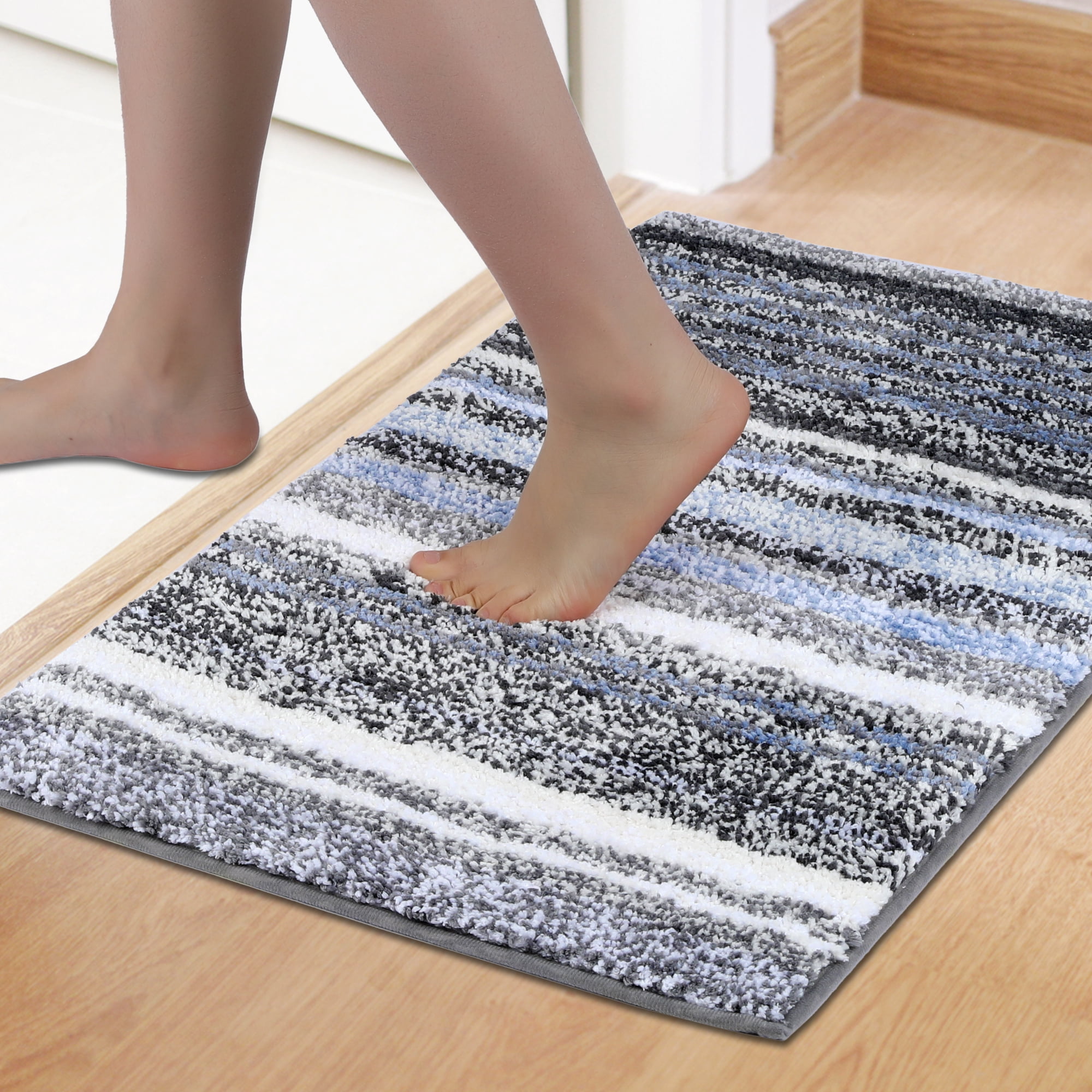 Unique Bargains Striped Bathroom Mat Soft Non-Slip Quick Dry Bath Rugs Grey 20" x 32"