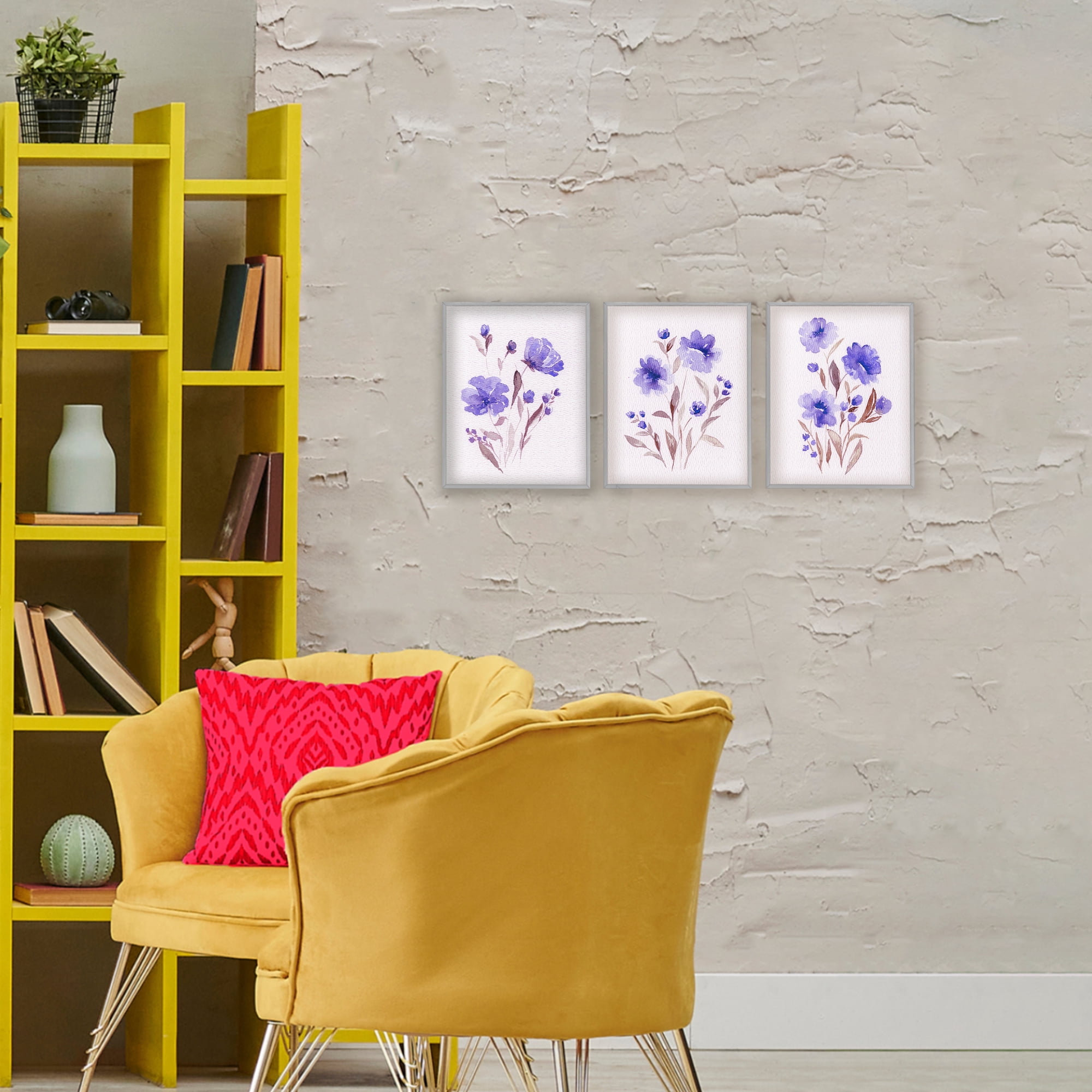 Stupell Industries Watercolor Purple Blooms 3 Piece Gray Framed Giclee Art Set, design by Leah Noel Art