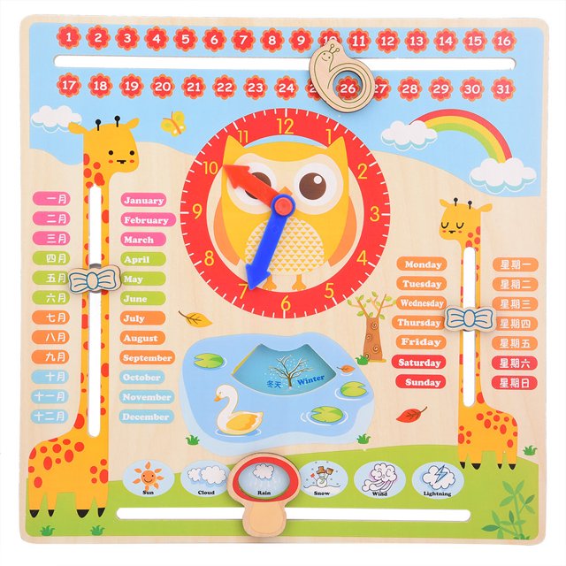 Reloj de madera educativo para niños, juguete con calendario y fecha, accesorios de aprendizaje preescolar