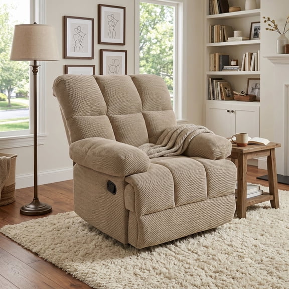 QuzyAor Overstuffed Rocker Recliner Chair, Plush Padded Armrests with Manual Recline & Footrest, Perfect for Living Room Home Office Relaxation, Camel