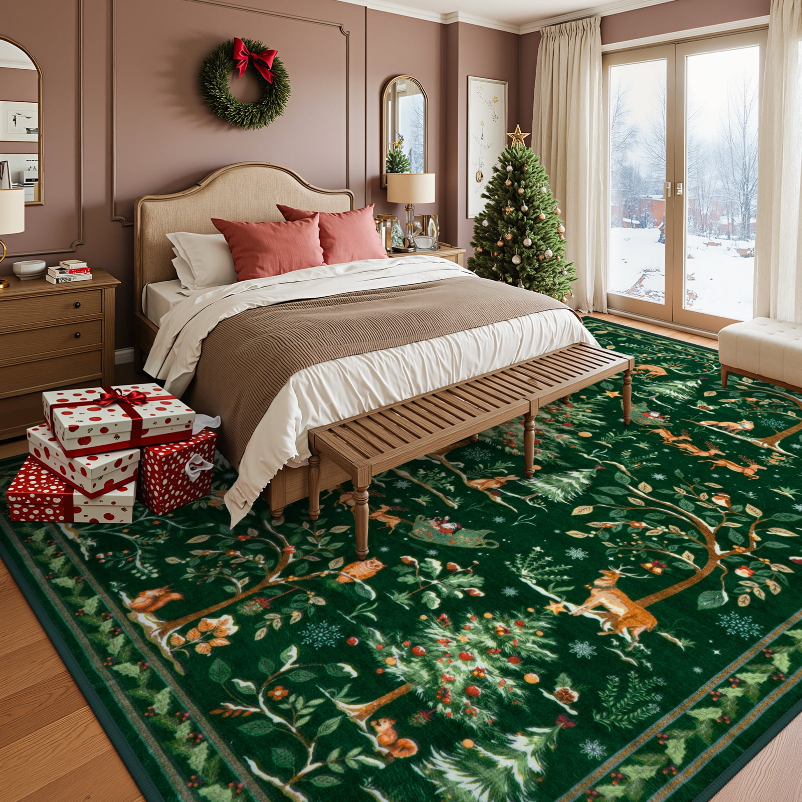 Lahome 8'x10' Christmas Washable Area Rugs,Soft Vintage Ultra-Thin 8x10 Green Rugs for Living Room Bedroom, Easy Clean Boho Non-Slip Accent Carpet for Dining Room Office Holiday Decor(8x10ft,Green)