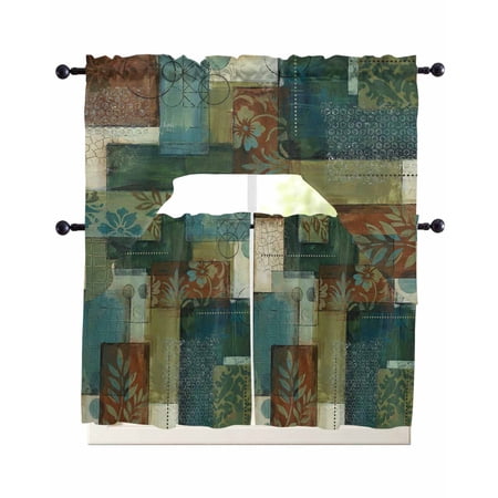 Teal Green Boho Kitchen Curtains Sets 36 Inch Length with Valance Color Block Geometric Modern Swag Valances and Tiers Curtain Set Drapes Swag Curtains for Living Room Bathroom Bedroom Cafe