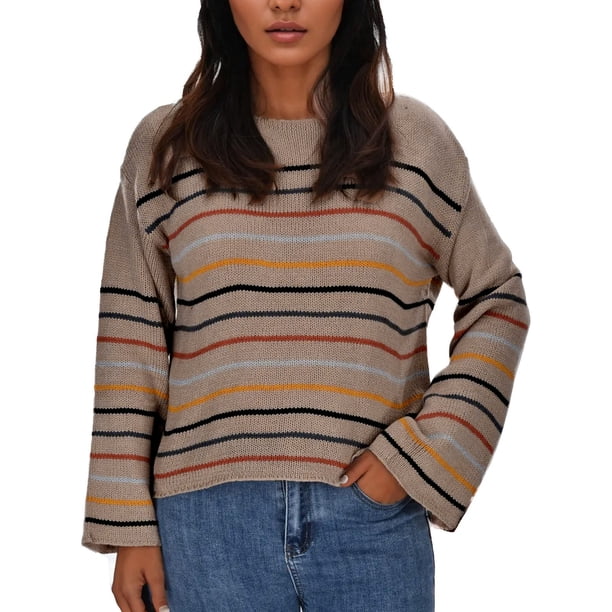 Gibobby Sueter Para Mujer Invierno Punto Suéter de punto de manga larga suelto con retazos de color arcoíris a para mujer(Caqui,M)