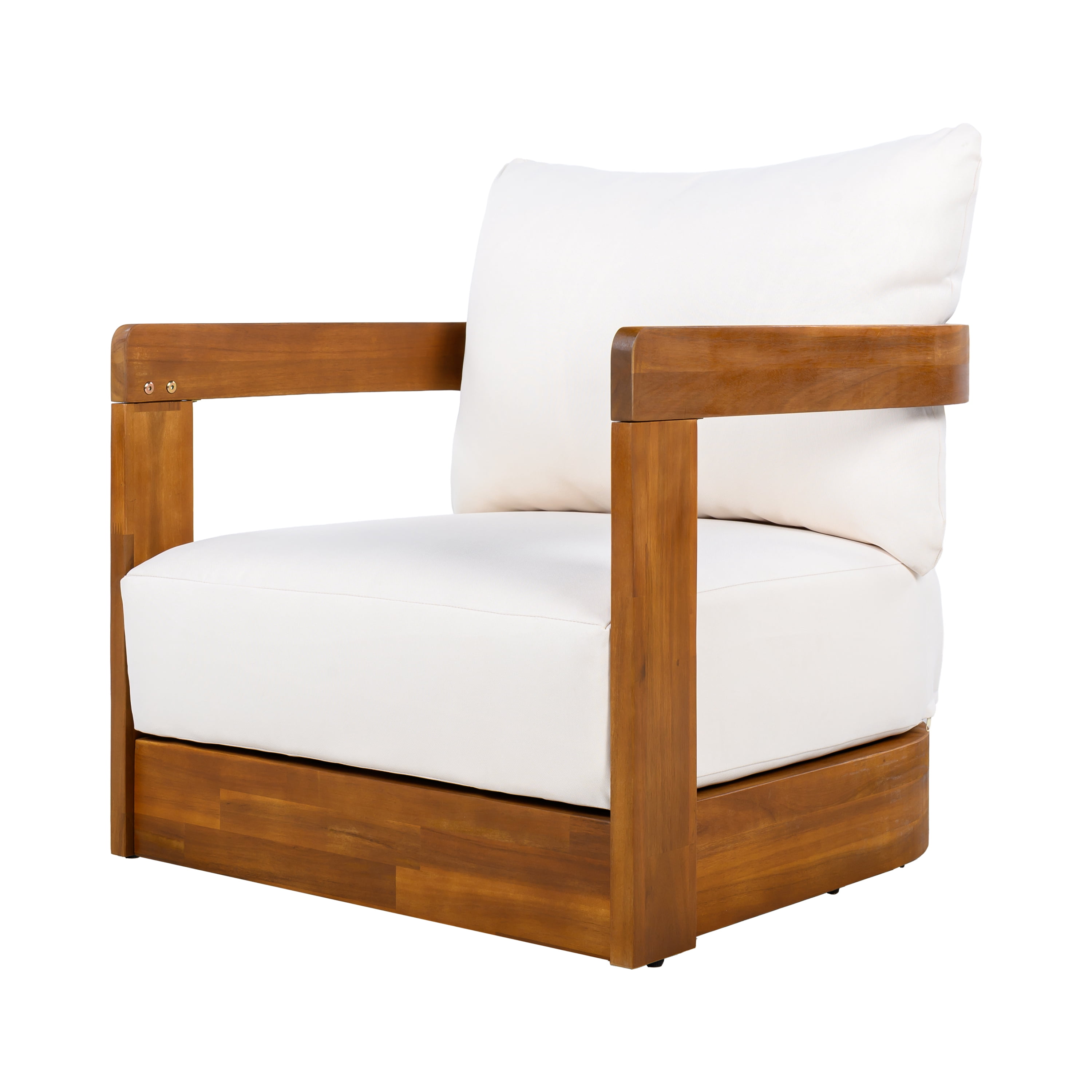 Tub Style Club Chair, Acacia Wood Outdoor Chair with Water-Resistant Cushions for Patio, Teak and Beige