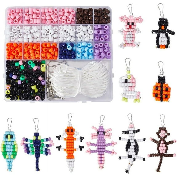 1 Box DIY 10 Sets Pony Bead Animal Kit Pony Beads Set Bead Animals Colorful Pony Beads Keychain Making Kits 8mm Large Hole Pony Craft Beads Keychain Clasps Beading Cord for DIY Making
