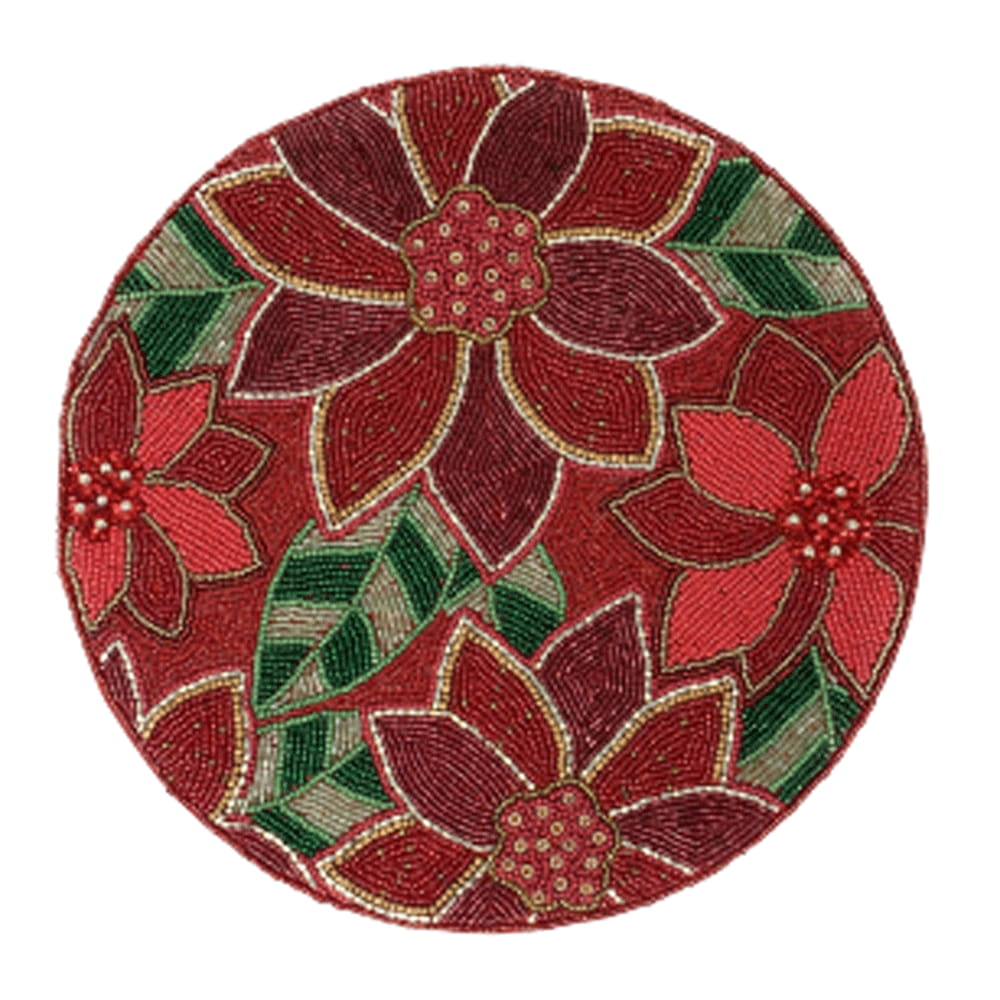Northeast Home Jeweled Christmas Poinsettia Round Beaded Placemat