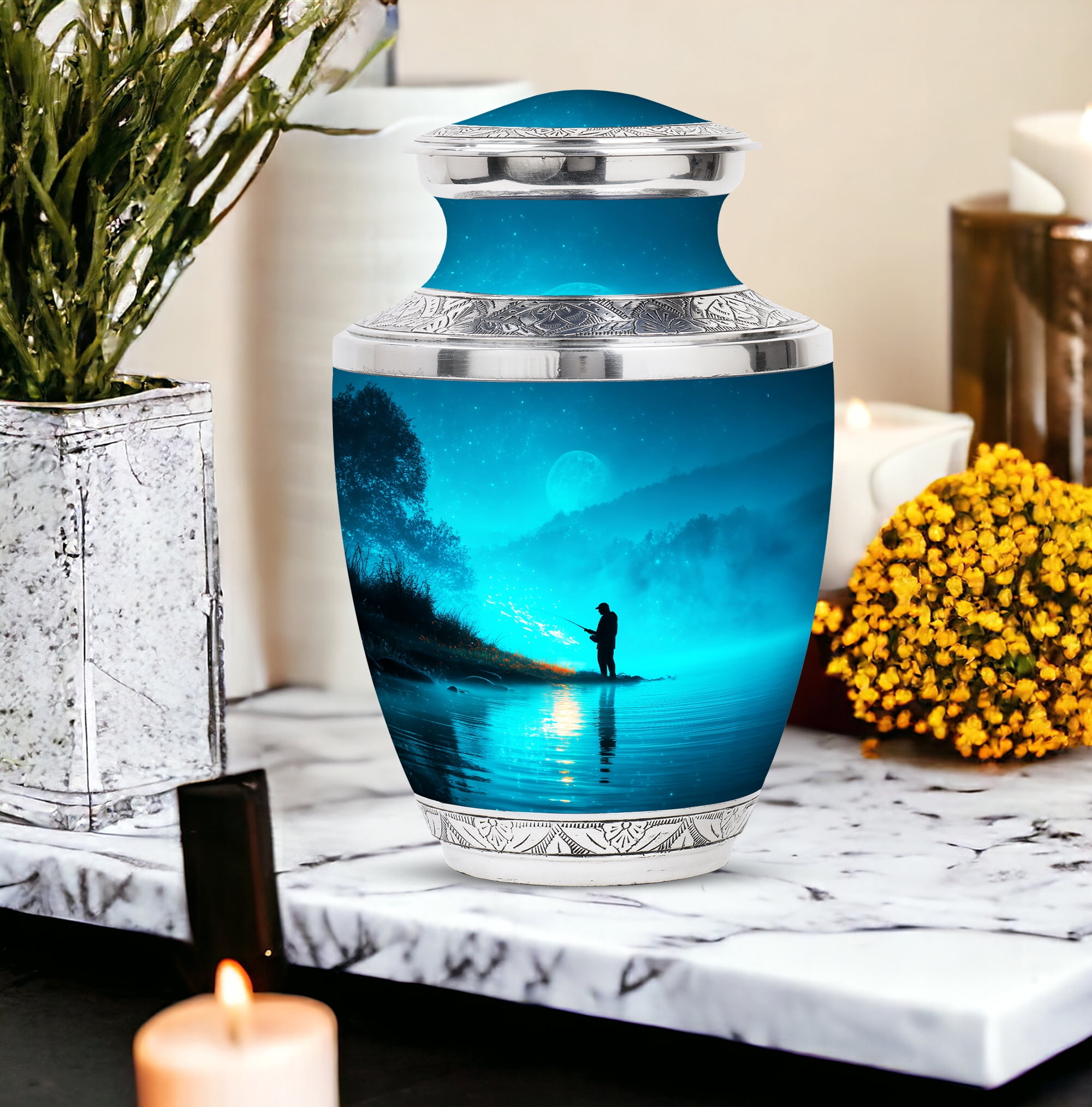 MUKTIVE Fishing Silhouette Large Cremation Urns for Human Ashes - Blue, Evening Burial Urn for Adult Human Ashes - Decorative Cremation Containers - Remembrance Gift for Loss of Mom (10 Inch)