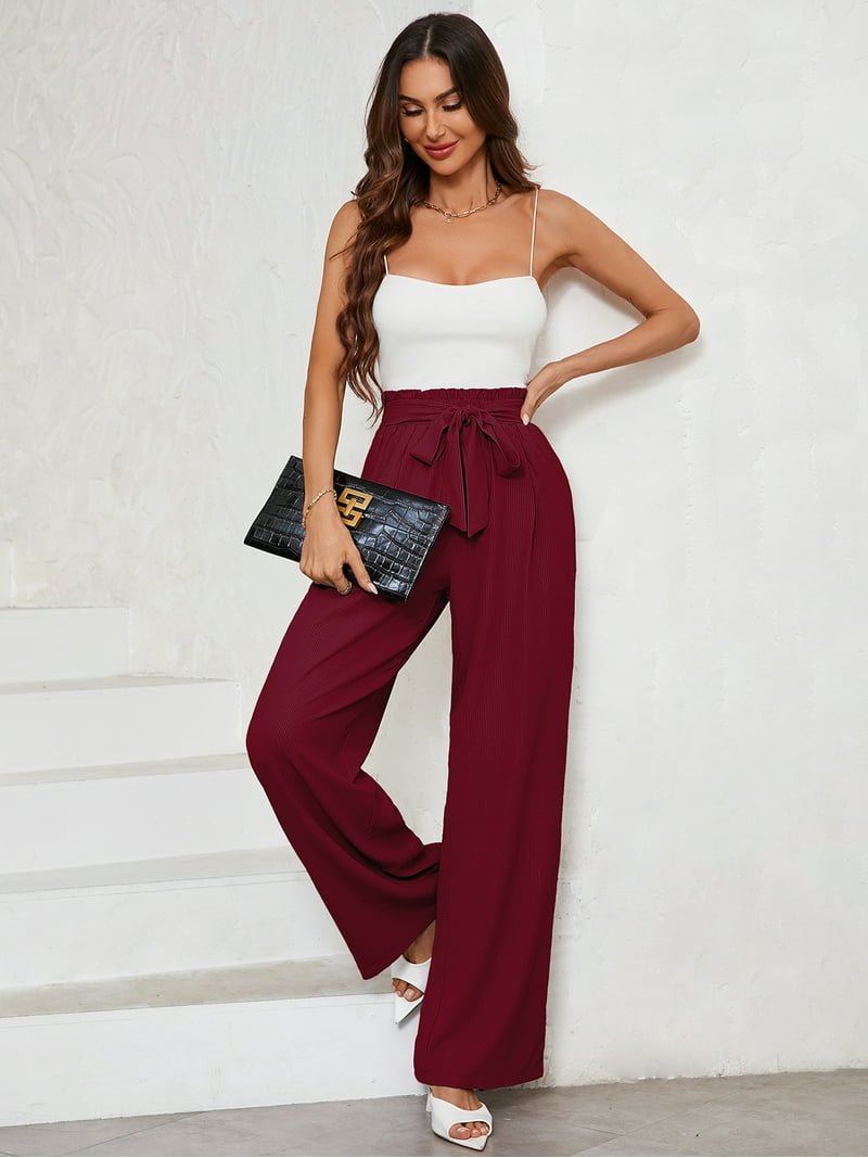 Chiclily Women Wide Leg Pants with Pockets High Waist Tie Knot