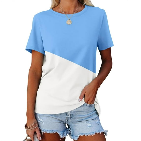 ZyeKqe Women Short Sleeve Shirts Color Block Summer Tops Round Neck Casual Loose T Shirts Tees