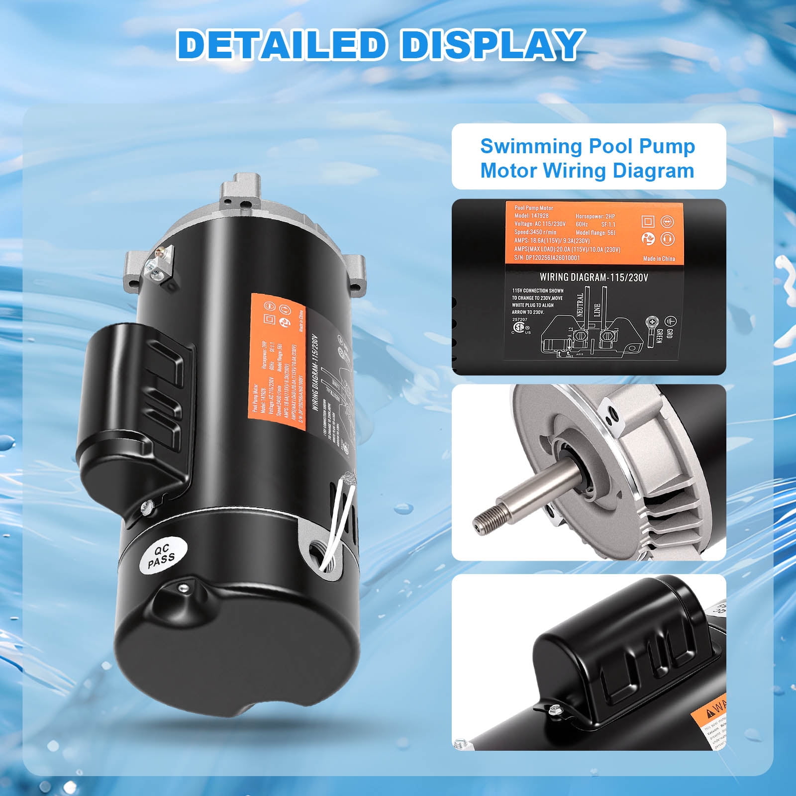 UST1202 2HP Pool Pump Motor, 56J Frame Swimming Pool Pump Motor, 115/230V, 3450 RPM, 303 Stainless Steel Shaft, Replacement Motor for Outdoor/Indoor Swimming Pool
