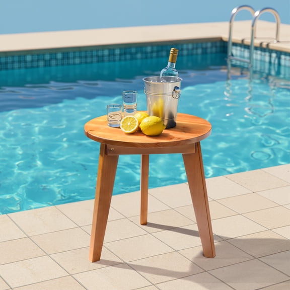 Ktaxon 15.7" Outdoor Wood Side Table, Small Round Coffee End Table, Weather Resistant Table for Indoor Outdoor Balcony Lawn Pool, Teak