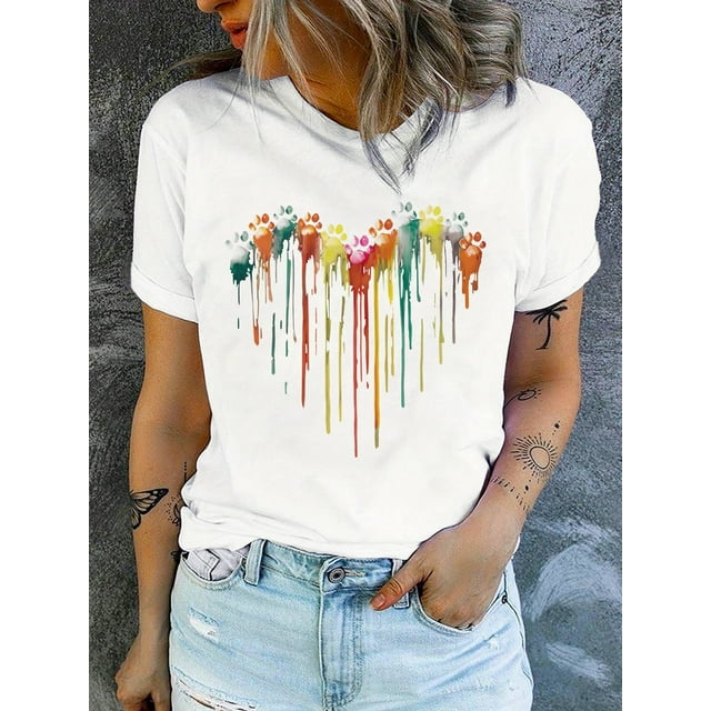 Women's Colorful Tie-Dye Animal Paw Prints Heart Graphic T-Shirt, Casual Crew Neck Short Sleeve Top, Breathable Knit , All-Season Fashion Tee, Romantic Gift for Valentine's Day