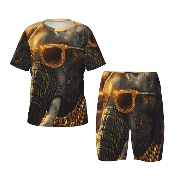 Fotbe Cool Sunglasses Elephant Art Pijama Estampada de 2 Piezas para Niños – Ropa de Dormir de Manga Corta Cómoda para Niños y Niñas, Camiseta y Shorts de Algodón-X-Large