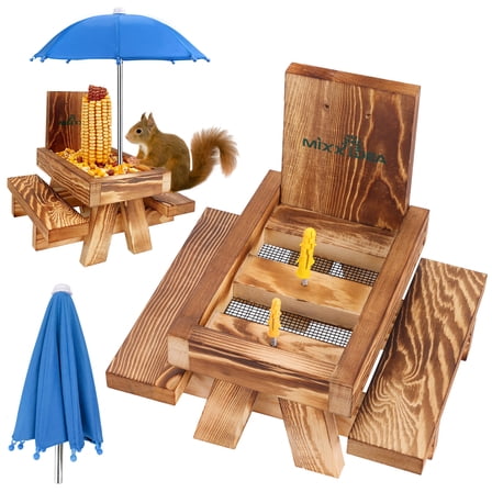 Urban Deco Squirrel Feeder Picnic Table with Umbrella, Wooden Squirrel Feeders for Outside with Corn Cobs, Cute Chipmunk Feeder with Solid Structure for Squirrel Gift (Blue)